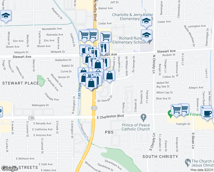 map of restaurants, bars, coffee shops, grocery stores, and more near 278 Steelhead Lane in Las Vegas