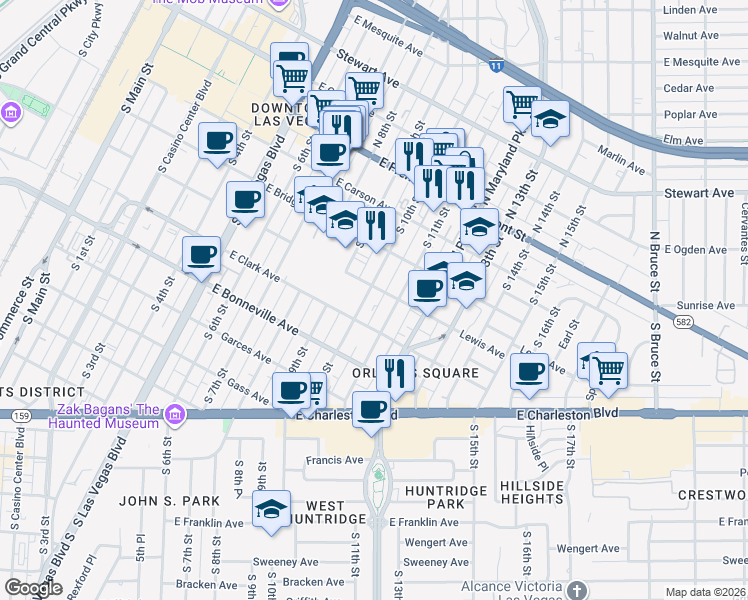 map of restaurants, bars, coffee shops, grocery stores, and more near 327 South 10th Street in Las Vegas