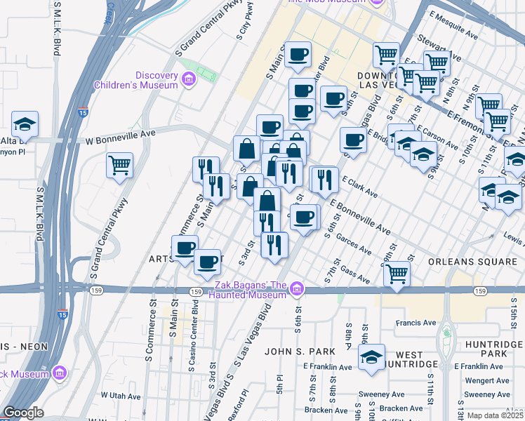map of restaurants, bars, coffee shops, grocery stores, and more near 630 South 3rd Street in Las Vegas