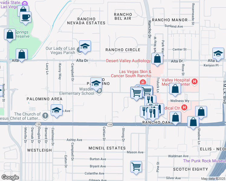 map of restaurants, bars, coffee shops, grocery stores, and more near 642 Shetland Road in Las Vegas