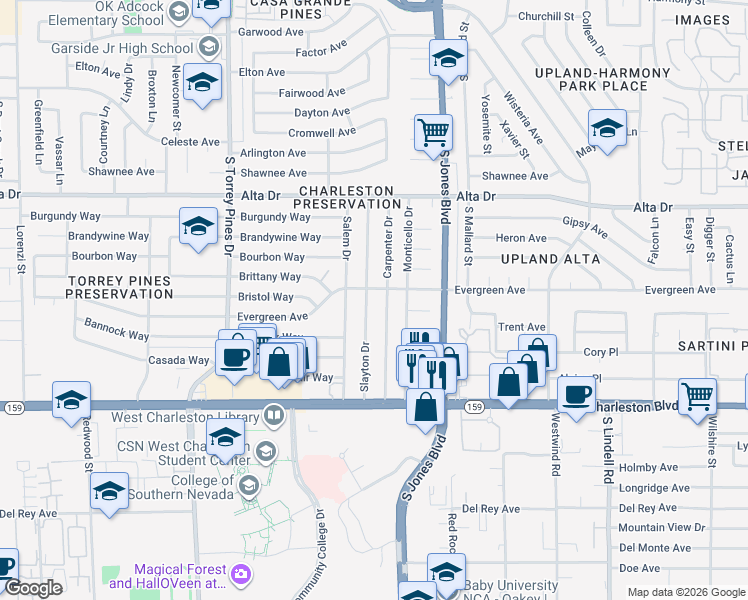 map of restaurants, bars, coffee shops, grocery stores, and more near 713 Slayton Drive in Las Vegas