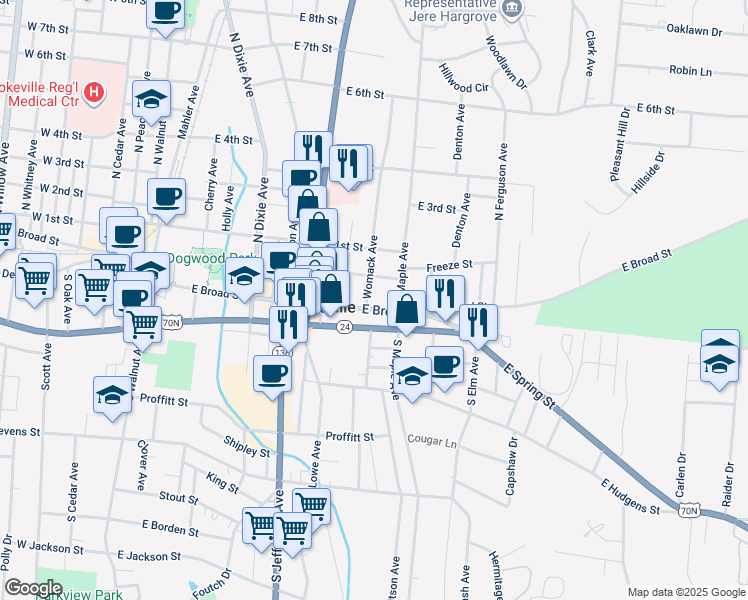map of restaurants, bars, coffee shops, grocery stores, and more near 457 Freeze Street in Cookeville