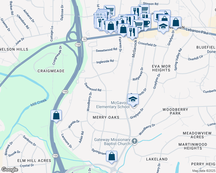 map of restaurants, bars, coffee shops, grocery stores, and more near 237 Fairway Drive in Nashville