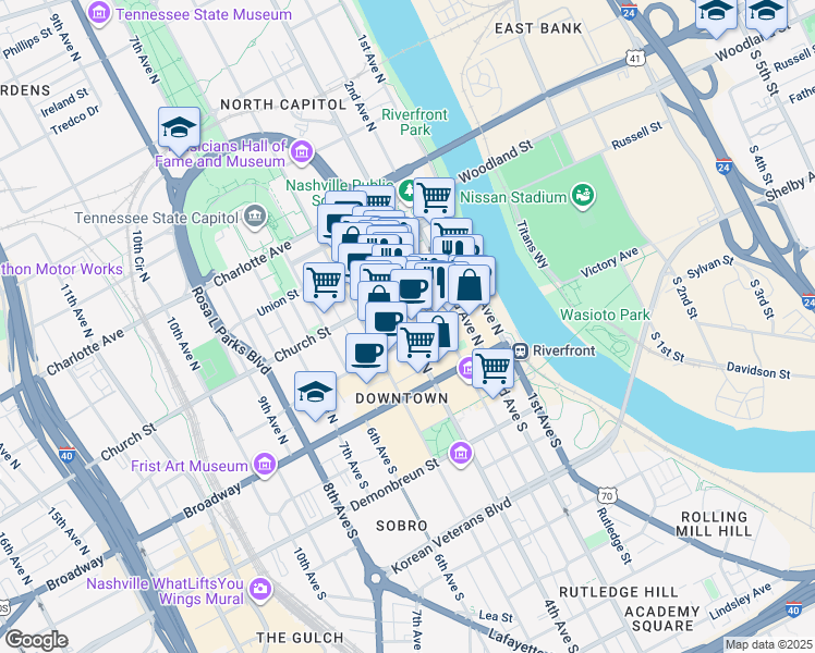 map of restaurants, bars, coffee shops, grocery stores, and more near 162 4th Avenue North in Nashville