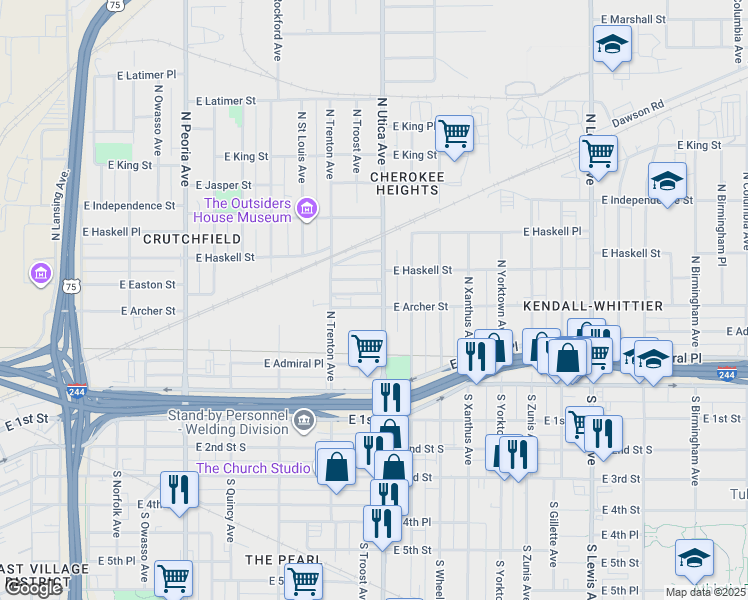 map of restaurants, bars, coffee shops, grocery stores, and more near 125 North Utica Avenue in Tulsa