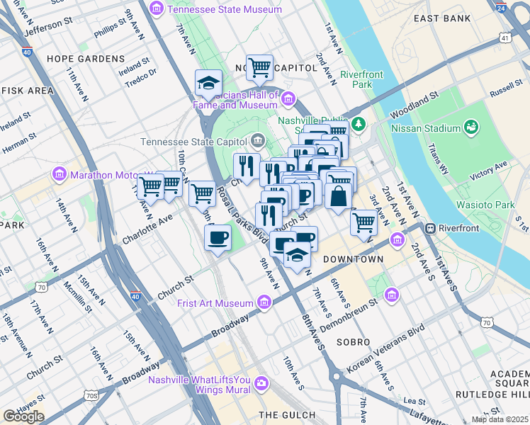 map of restaurants, bars, coffee shops, grocery stores, and more near 222 Polk Avenue in Nashville