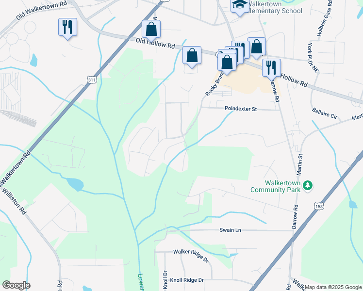map of restaurants, bars, coffee shops, grocery stores, and more near 4615 Hanley Park Drive in Walkertown