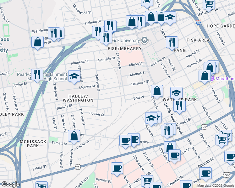 map of restaurants, bars, coffee shops, grocery stores, and more near 2117 Hermosa Street in Nashville