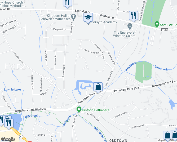 map of restaurants, bars, coffee shops, grocery stores, and more near 2100 Westminister Lane in Winston-Salem
