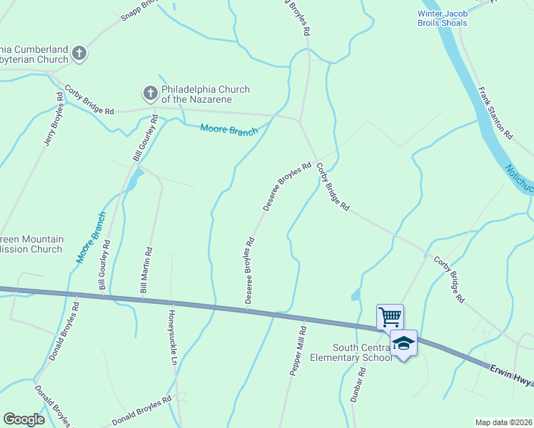 map of restaurants, bars, coffee shops, grocery stores, and more near 123 Deseree Broyles Road in Chuckey