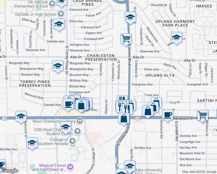 map of restaurants, bars, coffee shops, grocery stores, and more near 713 Slayton Drive in Las Vegas