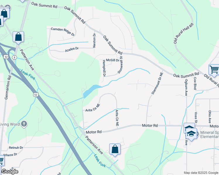 map of restaurants, bars, coffee shops, grocery stores, and more near 28 Arita Circle Northeast in Winston-Salem