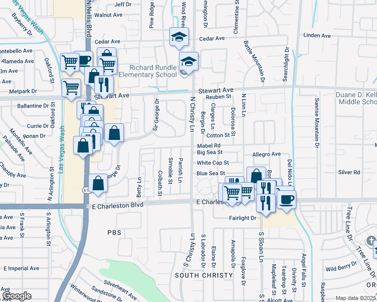 map of restaurants, bars, coffee shops, grocery stores, and more near 147 North Christy Lane in Las Vegas