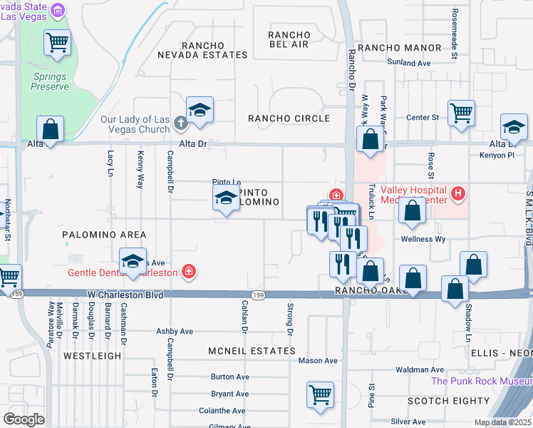 map of restaurants, bars, coffee shops, grocery stores, and more near 2694 Palomino Lane in Las Vegas