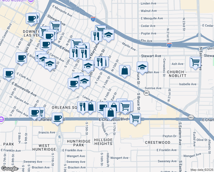 map of restaurants, bars, coffee shops, grocery stores, and more near 137 South 15th Street in Las Vegas