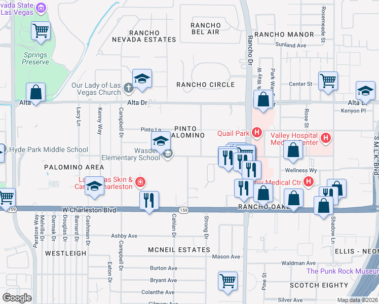 map of restaurants, bars, coffee shops, grocery stores, and more near 2694 Palomino Lane in Las Vegas
