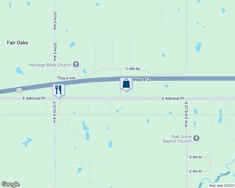 map of restaurants, bars, coffee shops, grocery stores, and more near 26425 East Admiral Place in Catoosa