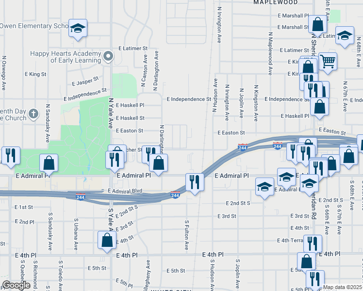 map of restaurants, bars, coffee shops, grocery stores, and more near 119 North Fulton Avenue in Tulsa