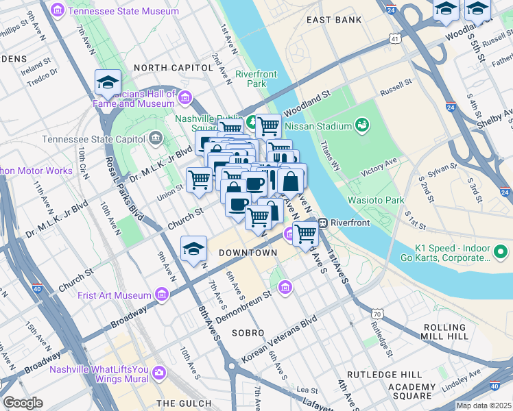 map of restaurants, bars, coffee shops, grocery stores, and more near 162 4th Avenue North in Nashville