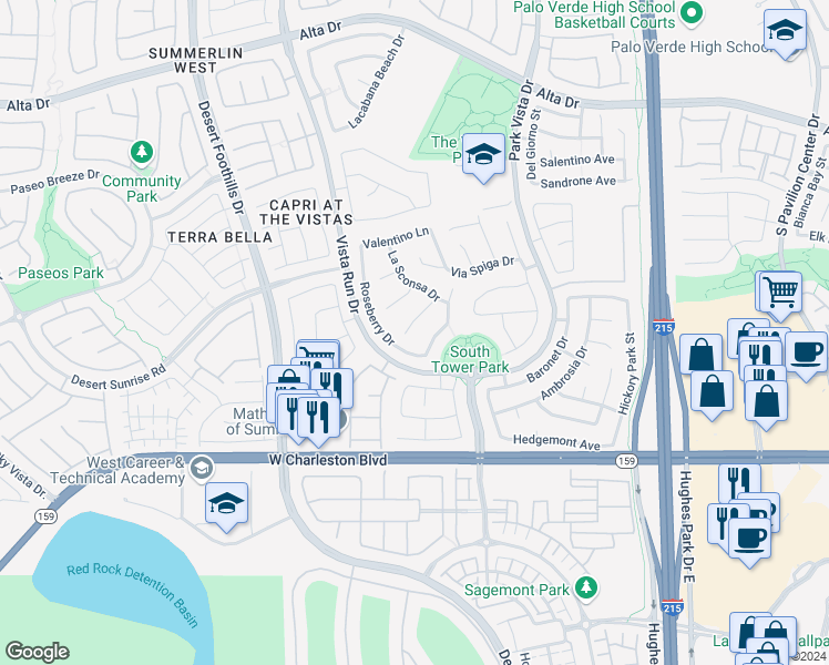 map of restaurants, bars, coffee shops, grocery stores, and more near 11569 Velicata Court in Las Vegas