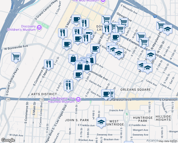 map of restaurants, bars, coffee shops, grocery stores, and more near 594 South Las Vegas Boulevard in Las Vegas
