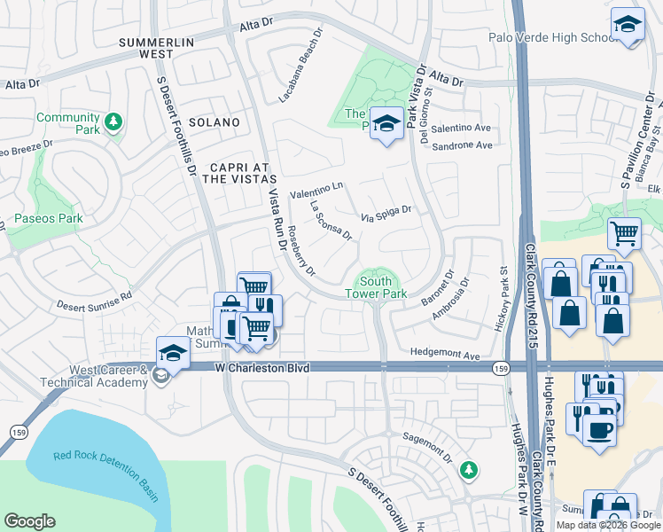 map of restaurants, bars, coffee shops, grocery stores, and more near 11569 Velicata Court in Las Vegas