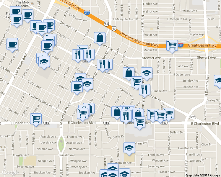 map of restaurants, bars, coffee shops, grocery stores, and more near 121 South 15th Street in Las Vegas