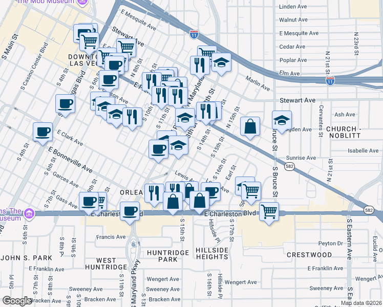 map of restaurants, bars, coffee shops, grocery stores, and more near 217 South 13th Street in Las Vegas