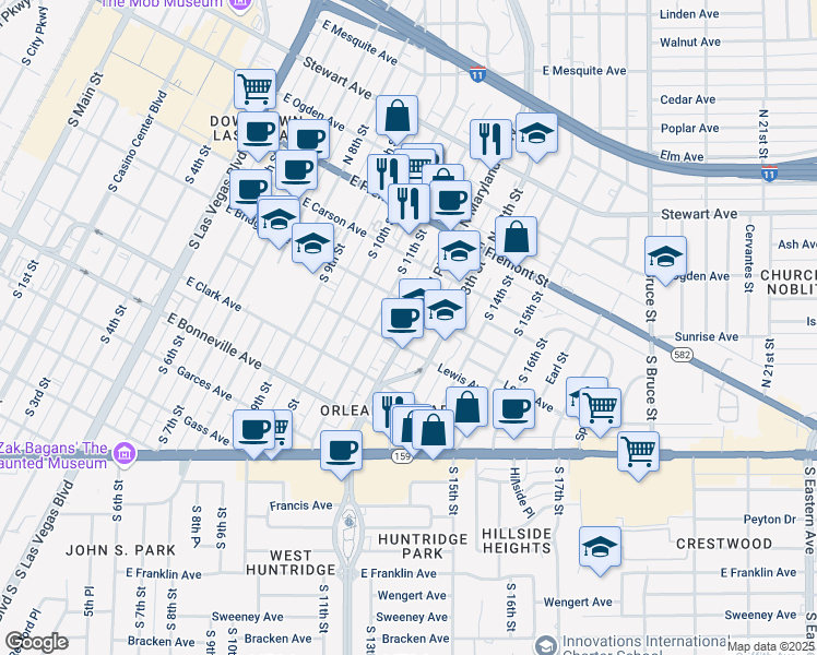 map of restaurants, bars, coffee shops, grocery stores, and more near 1200 East Bridger Avenue in Las Vegas