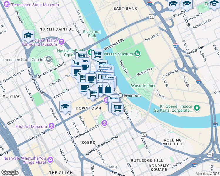 map of restaurants, bars, coffee shops, grocery stores, and more near 144 2nd Avenue South in Nashville