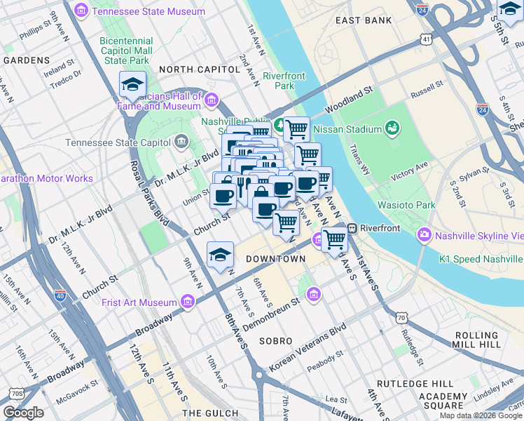 map of restaurants, bars, coffee shops, grocery stores, and more near 208 Printers Alley in Nashville