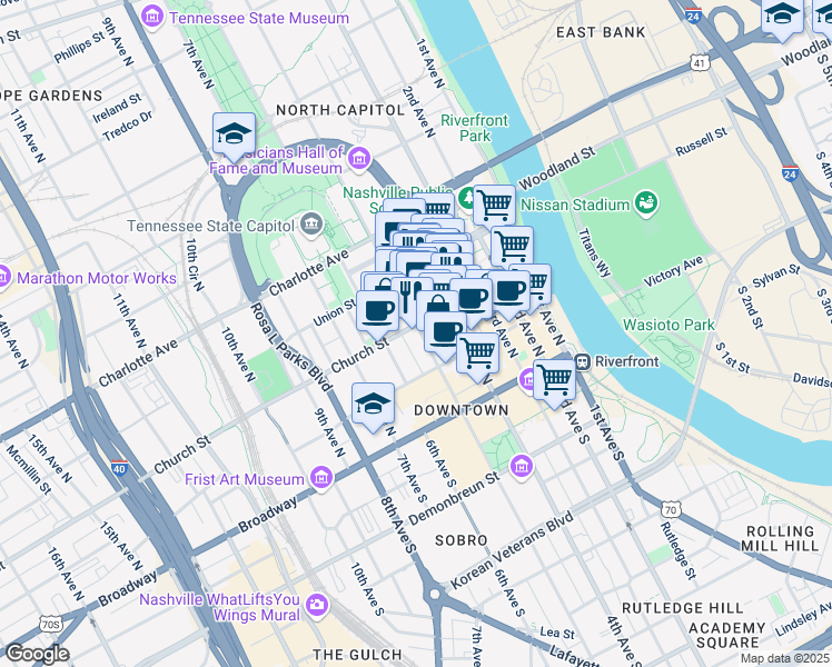map of restaurants, bars, coffee shops, grocery stores, and more near 208 Printers Alley in Nashville