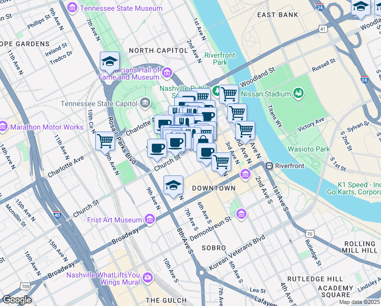 map of restaurants, bars, coffee shops, grocery stores, and more near 501 Church Street in Nashville