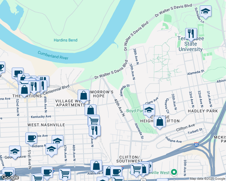 map of restaurants, bars, coffee shops, grocery stores, and more near 1020 40th Avenue North in Nashville