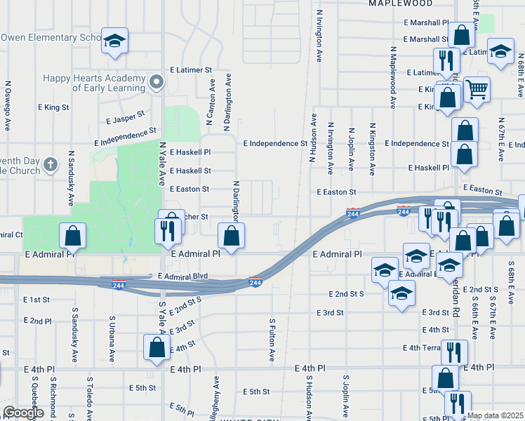 map of restaurants, bars, coffee shops, grocery stores, and more near 119 North Fulton Avenue in Tulsa