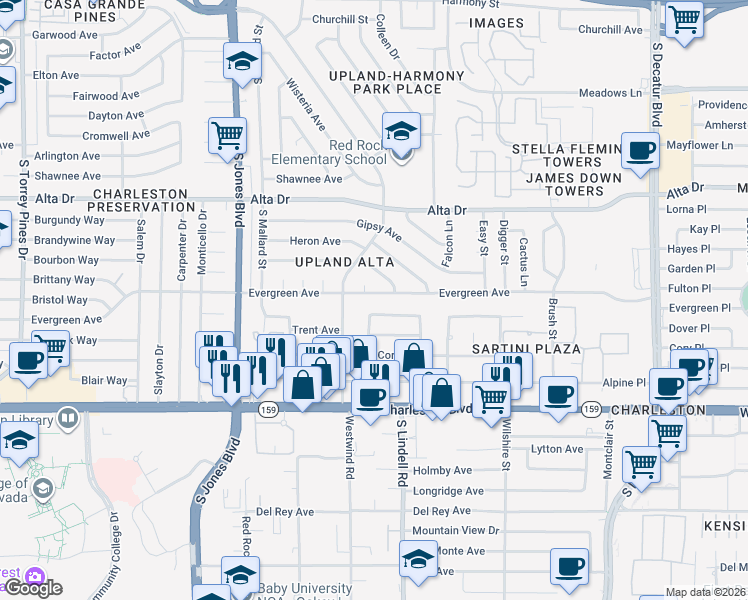 map of restaurants, bars, coffee shops, grocery stores, and more near 5609 Evergreen Avenue in Las Vegas