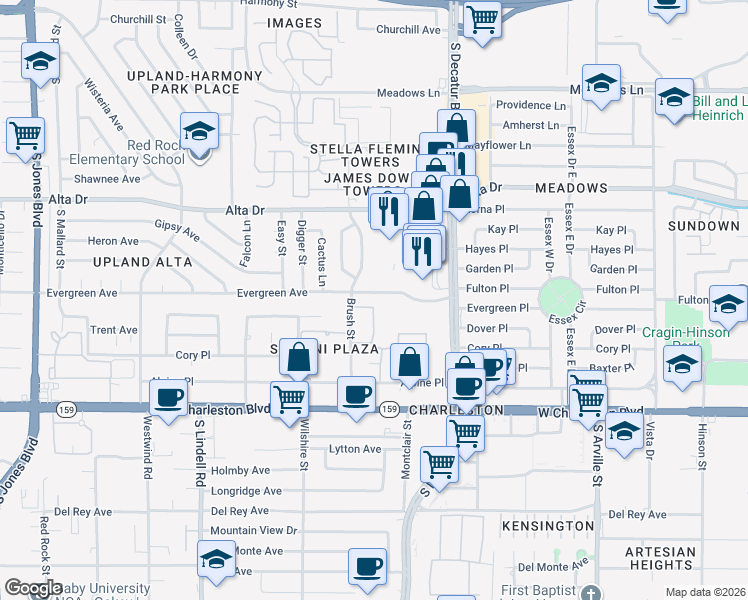 map of restaurants, bars, coffee shops, grocery stores, and more near 5009 Evergreen Avenue in Las Vegas