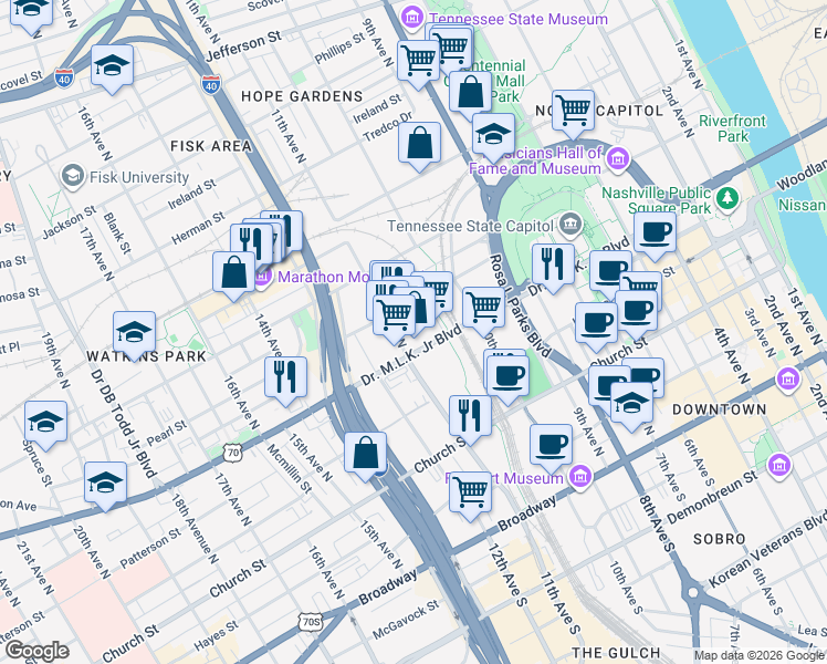 map of restaurants, bars, coffee shops, grocery stores, and more near 1015 Nelson Merry Street in Nashville