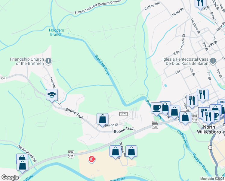map of restaurants, bars, coffee shops, grocery stores, and more near 149 Summitt Avenue Extension in North Wilkesboro
