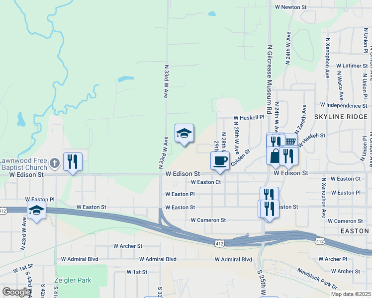 map of restaurants, bars, coffee shops, grocery stores, and more near 3101 West Edison Street in Tulsa