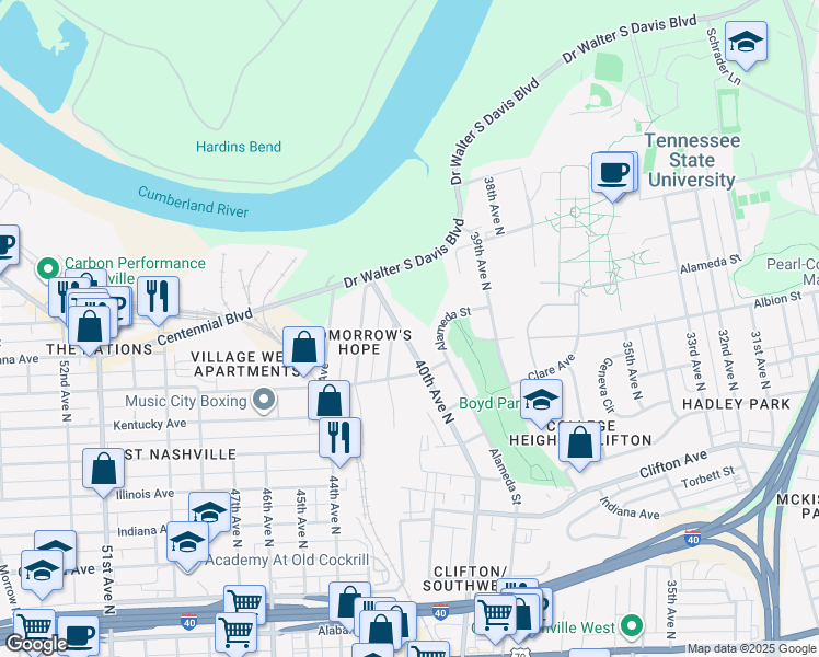 map of restaurants, bars, coffee shops, grocery stores, and more near 1020 40th Avenue North in Nashville