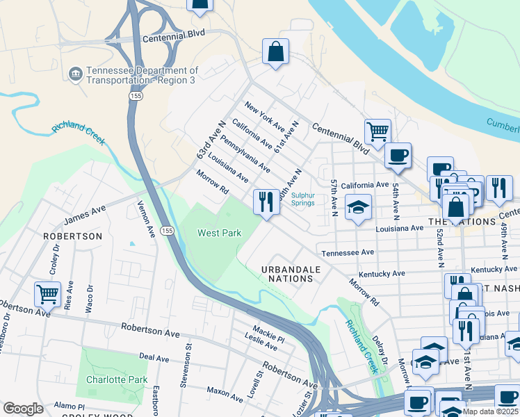 map of restaurants, bars, coffee shops, grocery stores, and more near 6017 Louisiana Avenue in Nashville