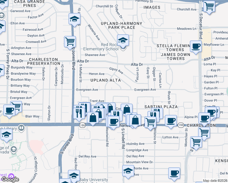 map of restaurants, bars, coffee shops, grocery stores, and more near 5609 Evergreen Avenue in Las Vegas