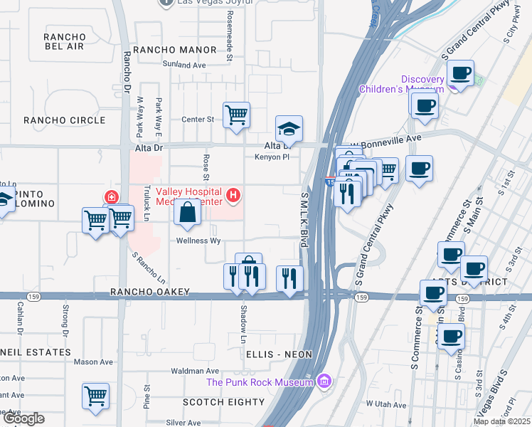 map of restaurants, bars, coffee shops, grocery stores, and more near 625 Shadow Lane in Las Vegas