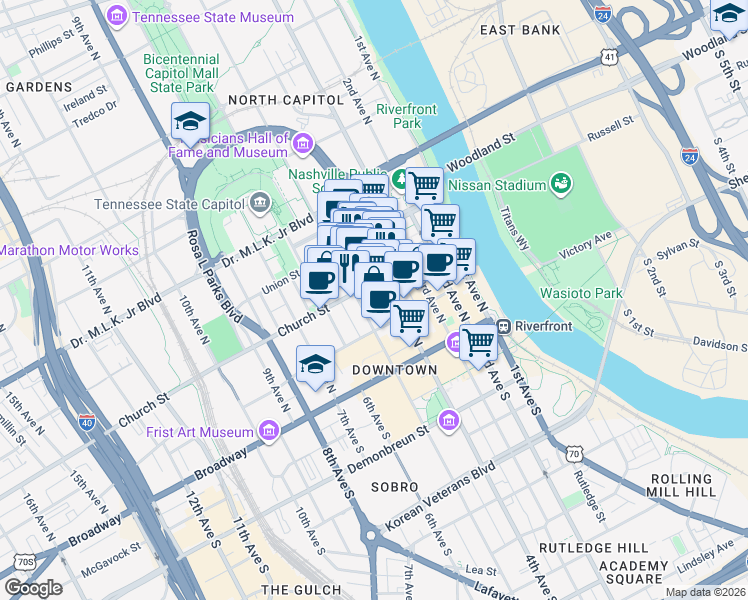 map of restaurants, bars, coffee shops, grocery stores, and more near 208 Printers Alley in Nashville