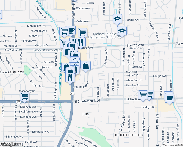 map of restaurants, bars, coffee shops, grocery stores, and more near 153 Sir Thomas Drive in Las Vegas