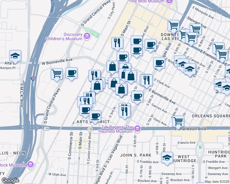 map of restaurants, bars, coffee shops, grocery stores, and more near 710 South Casino Center Boulevard in Las Vegas