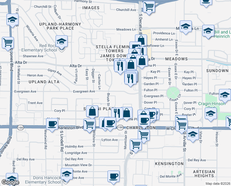 map of restaurants, bars, coffee shops, grocery stores, and more near 5009 Evergreen Avenue in Las Vegas