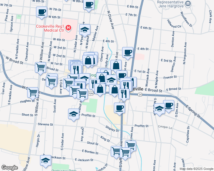 map of restaurants, bars, coffee shops, grocery stores, and more near 157 East Broad Street in Cookeville