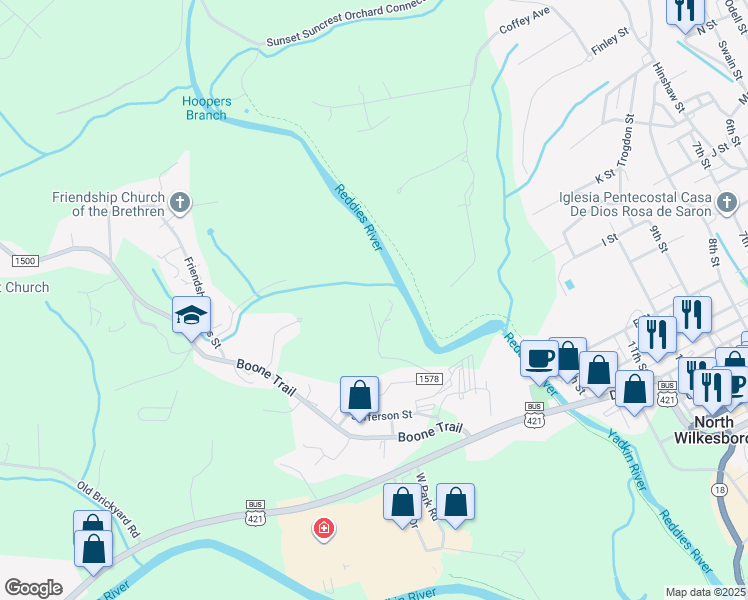 map of restaurants, bars, coffee shops, grocery stores, and more near 149 Summitt Avenue Extension in North Wilkesboro